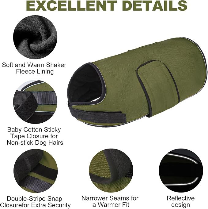 BEAUTYZOO Dog Winter Coat for Large Dogs Waterproof, Warm Reflective Great Dane Oxford Canvas Jacket, Fleece Dog Cold Weather Coats Windproof for Female Male Dogs, Green L