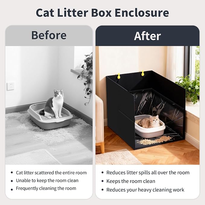 Aokeyee Black Waterproof Cat Litter Box Enclosure Splash Guard | 27.16x21.65x16.53, Removable PVC Mat with 2 Hooks, Foldable Anti-Leakage Dust Control