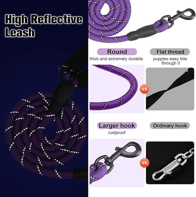 BEAUTYZOO Heavy Duty Rope Dog Leash 6 Pack, 5FT Nylon Pet Lead With Reflective Thread, Soft Padded Handle for Large Medium Dogs Small Puppy