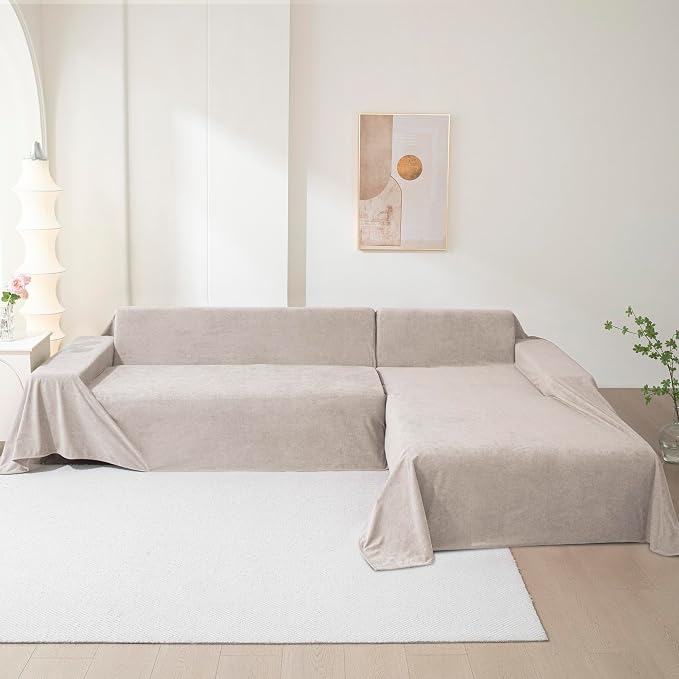 Couch Cover for 3 Cushion Sofa, Cat Scratch Proof Couch Protector Washable Sofa Covers Sectional Couch Covers for Dogs Soft L Shape Sofa Slipcover for Pets Kids, 91" x134”, Oat