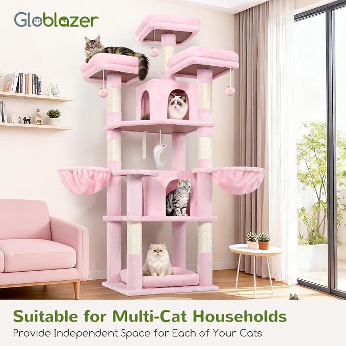 Globlazer Big Cat Tower for Indoor Cats, 68 inch Cat Tower for Multiple Adult Cats XL Cat Tree with Scratching Post, 3 Perches, 2 Condos, 2 Basket, Removable Pet Bed, F68B, Pink