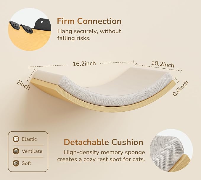 Cat Wall Shelf with Curved Hammock Bed, Wall Mounted Cat Perch | Space-Saving, Floating Cat Wall Bed with Beige Soft Cushion, Wall-Mounted Cat Furniture for All Cat Breeds Sleeping & Playing