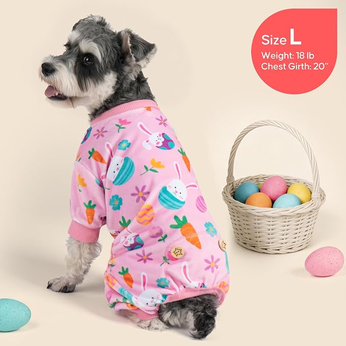 KYEESE Easter Dog Pajamas, Soft Dog Pajamas for Small Medium Dogs Girl, Stretchy Dogs Pjs Velvet Pet Jumpsuit with Eggs & Bunny Pattern, Comfy Lightweight Pet Outfit, Pink, XL