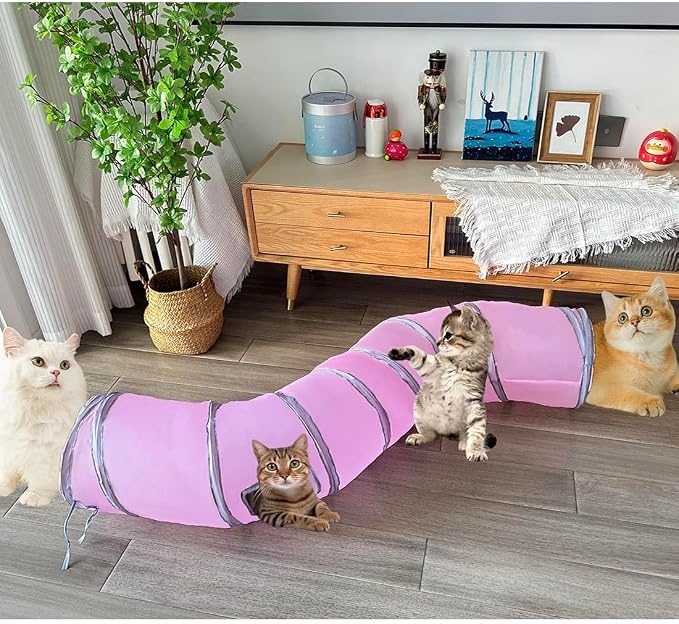2-Way Long Collapsible Cat Tunnel Tube Toy Pink | Interactive Play Tunnel with Peek Hole for Indoor Cats, Kittens, Puppies & Rabbits | Hours of Fun & Exercise