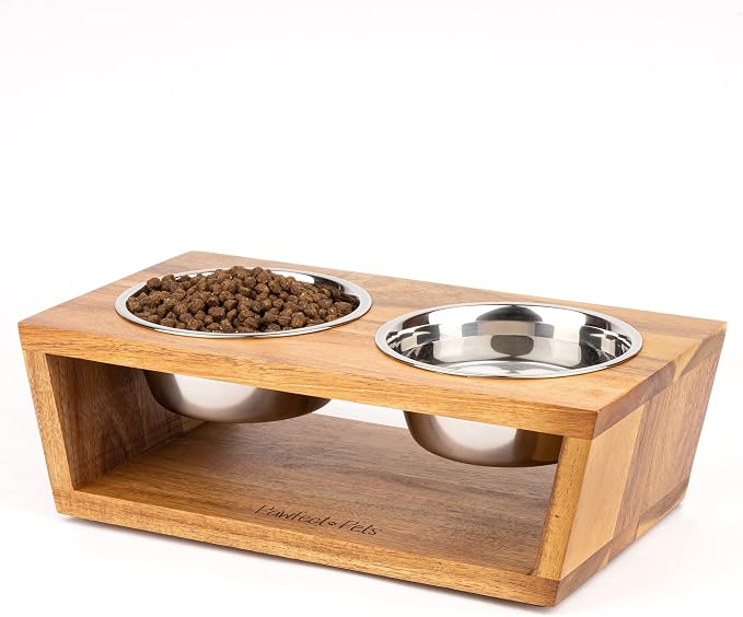 4" Tall Elevated Dog Bowls for Small Dogs, Food and Water Bowl Set by Pawfect Pets (Acacia)