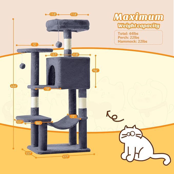 Cat Tree Tower 44 Inch for Indoor Kittens and Cats, Grey | Small Cat Tower with Condo, Hammock, Sisal Scratching Posts, Extended Perch
