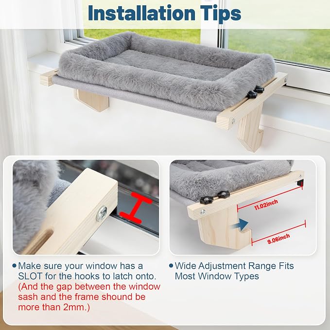 Cat Sill Window Perch - 100% Natural Pine Frame, Soft Plush Fleece, Tool-Free Adjustment, Supports 50 lbs (Large-Grey)