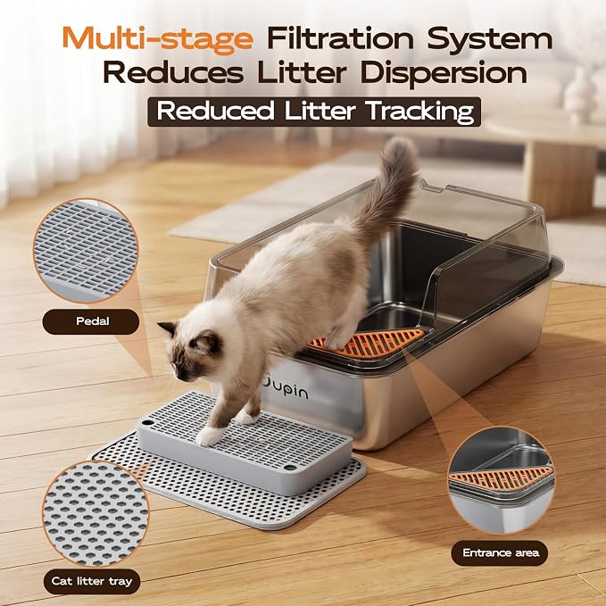 2 Pack Stainless Steel Litter Box - Extra Large XXL Metal Cat Litter Box with Lid High Sides for Big Cats and Multi-Cats, Angled Entrance, Anti-Urine Leakage, Non-Stick Bottom