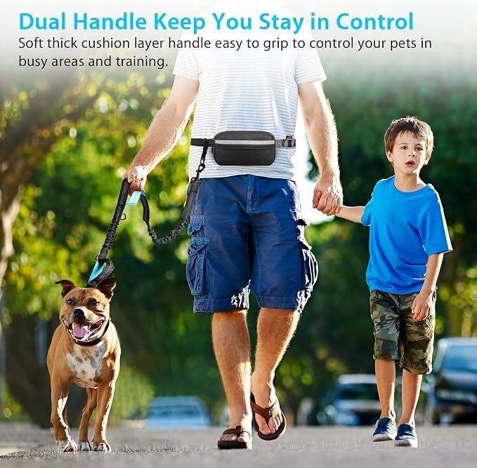 Uppetly Hands Free Dog Running Leash with Zipper Pouch, Dual Handle, Elastic Bungees Retractable Rope for Medium and Large Dogs, Waist Bag Pack Carry Phones for Walking Hiking Biking (Large, 25-120lb)