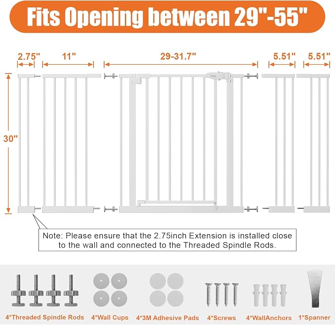 keny 29"-55" Extra Wide Baby Gate, Pressure Mounted No Drilling Dog Gate | for Stairs Doorways, Easy Walk Through Safety Gate for Babies or Pets, 30" Tall, White