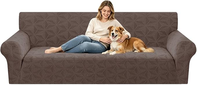 ZNSAYOTX Stretch Couch Cover, 1 Piece Oversized Sofa Covers for 3 Cushion Couch, Jacquard Sofa Slipcovers with Elastic Bottom Thickened Furniture Protector for Dog Cat Pet (X-Large, Brown)