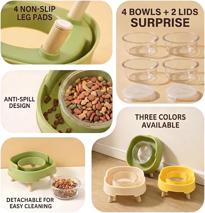 2 Pack Ant Not Cross Elevated Cat Bowls Mess Proof-4 Food Grade Glass Bowls & 2 Lids- No Spill Cat Food and Water Feeding Station for Cats&Puppy Indoor & Outdoor,No Whisker Fatigue Dish,Green