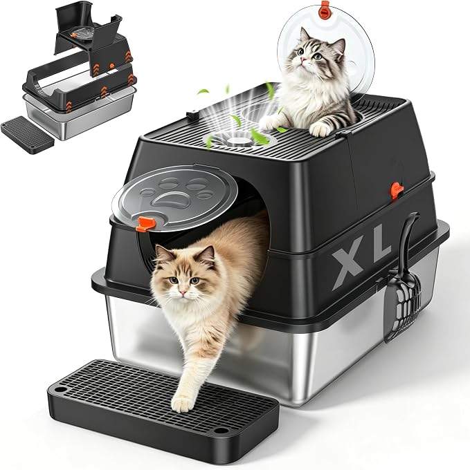 XL Stainless Steel Litter Box with Lid, Enclosed Metal Litter Box | High Sides, Urine and Litter Control, Odor Filter, Flip-Top, Easy-Clean Pan, Scoop & Step, Big Cats, Multi-Cat Homes, Black