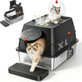 XL Stainless Steel Litter Box with Lid, Enclosed Metal Litter Box | High Sides, Urine and Litter Control, Odor Filter, Flip-Top, Easy-Clean Pan, Scoop & Step, Big Cats, Multi-Cat Homes, Black