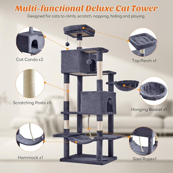 Sweetcrispy 66 Inch Cat Tree Tower for Indoor Cats and Kittens, Dark Grey | Multi Level Cat Climbing Tower with Natural Sisal Scratching Posts, Hammock, Pet Condo