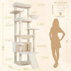 Heybly Tall Cat Tree for Large Cat, 80-inch Multi-Level Cat Tower HCT038M | Condo Furniture for Indoor Cats with Large Baseboard, 2 Widened Plush Perches, Scratching Board, Big Caves, Beige