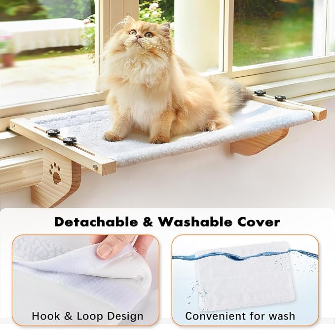 AMOSIJOY Cat Windowsill Perch with Wood & Metal Frame for Large Cat, 21.7in | Solid Wood Frame, Easy to Adjust, Washable Berber Fleece Cover, No Suction Cups Cat Window Seat for Windowsill, Bedside