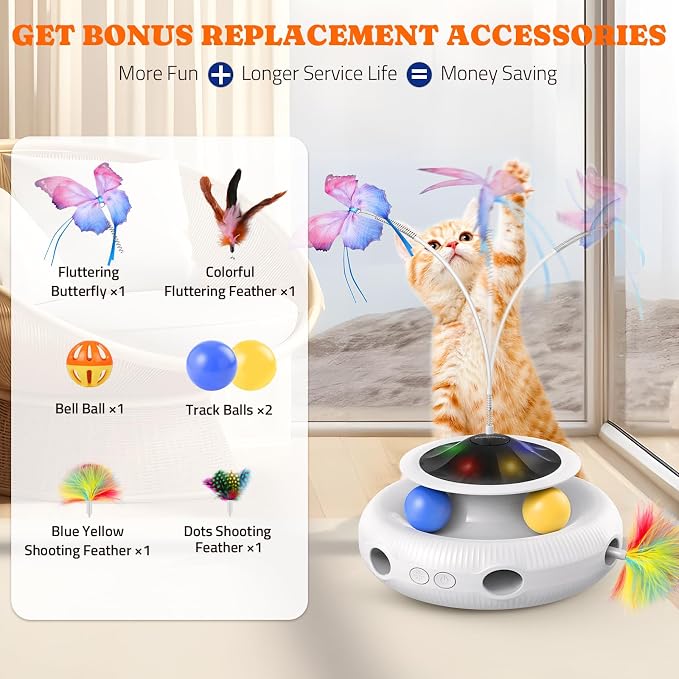 Pawtners Cat Toys, Automatic Interactive Kitten Toys for Indoor Cats, White | Fluttering Butterfly, Moving Feather, Track Balls and USB Rechargeable Powered Smart Indoor Exercise Kicker