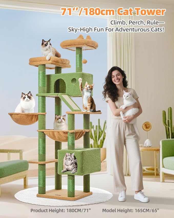 Taoqimiao Cactus Cat Tree, 71 in Extra Large Cat Tower for Inddor Cats | 2 Large Cat Condos, 2 Cute Perches, Metal Frame Cozy Hammock, Durable Scratch Board, 8 Natural Sisal Posts, Basket, MSC026L