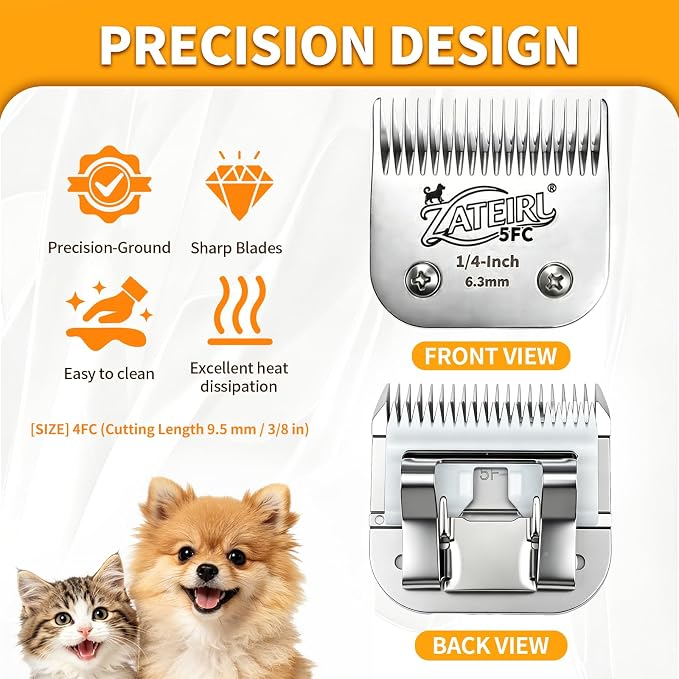 Size 5FC Detachable Pet Grooming Clipper Blade with Ceramic Cutter, 6.3mm 1/4 Inch Cut Length, Silver, Compatible with Andis, Oster A5, Wahl KM10, 3 Pack