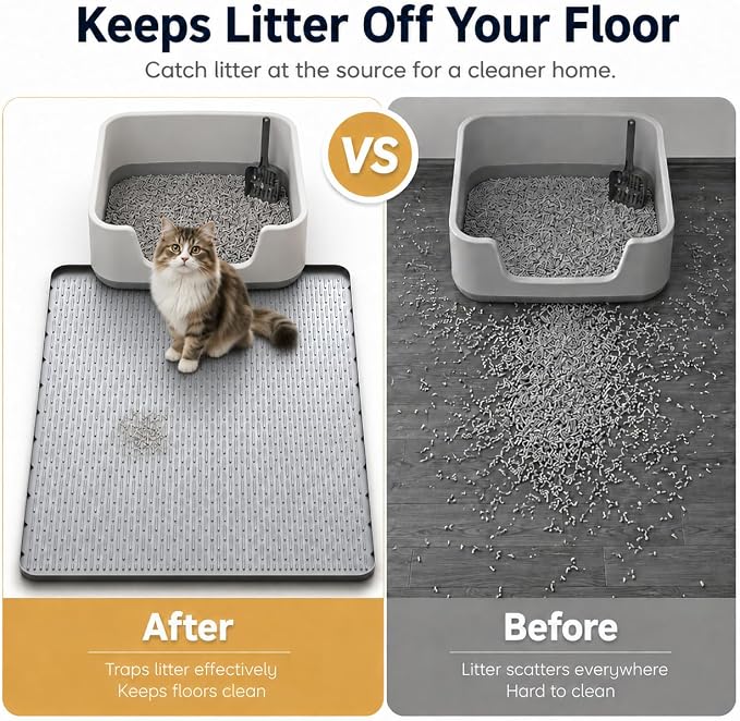 Cat Litter Mat, 40"x28" Extra Large, Waterproof Non Slip, Urine Proof & Easy Clean, Floor Protection Pad for Cat Litter Box Light Gray