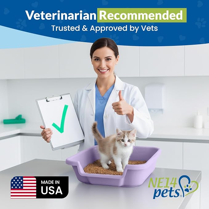 KittyGohere Senior Cat Litter Box Small with Scoop, Storybook Lavender | Open Top Low Entrance Kitty Litter Box With With Long-handle Jumbo Scoop, Lightweight & Durable Litters Box, Made in USA