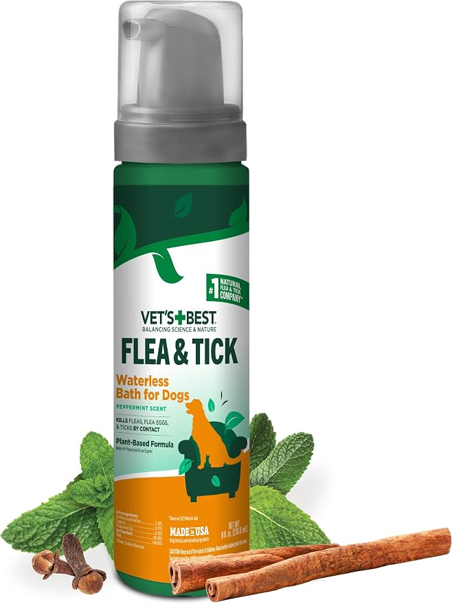 Vet's Best Waterless Flea & Tick Bath for Dogs, Plant-Based, 8 oz | No-Rinse Flea & Tick Bath, Plant-Based Formula, Essential Oils, Helps Control Fleas & Ticks, Made in USA