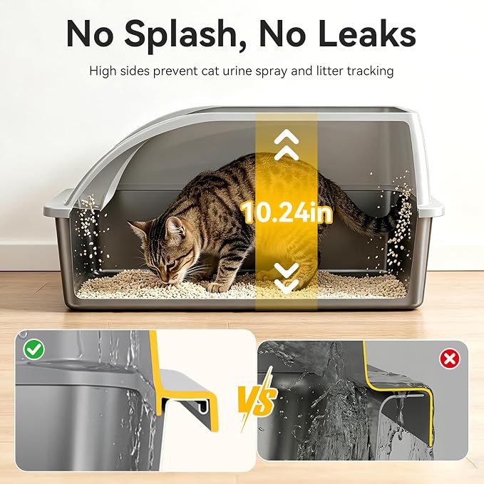2-Pack XL Stainless Steel Cat Litter Box for Large Multi-Cat, Gray | High Sides, Extra Large Tall Wall Open Top Deep Metal Pan, Anti-Leak Non-Stick Odor Control, 2 Scoops Included