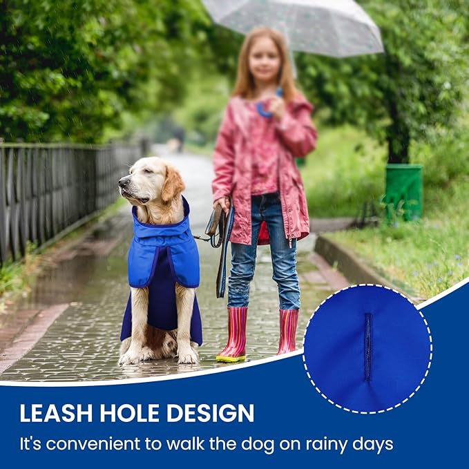 BRKURLEG Dog Raincoat, Waterproof Rain Jacket with Hood, Blue, XL | Adjustable Windproof Rainproof Jacket with Leash Hole, Reflective Breathable Rain Coat Poncho, for Small to Large Dogs