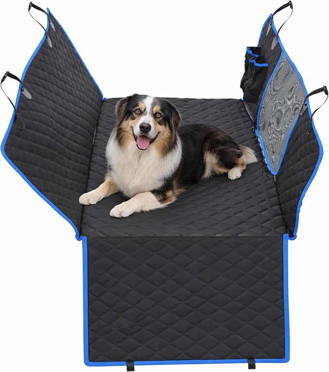 Dog Car Seat Cover for Back Seat, Waterproof, Scratchproof, Nonslip, Dog Hammock for Car, Safety Harness Included, Seat Covers for Pet Dogs, Truck & SUV Size (Black/Blue)
