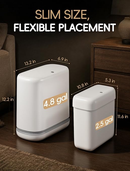 Small Bathroom Trash Can with Lid, Dog Proof Slim Press Top Garbage Can, White Plastic Narrow Waste Basket, for Bathroom Bedroom Office 2 Pack Set with 4.8 Gal and 2.9 Gal