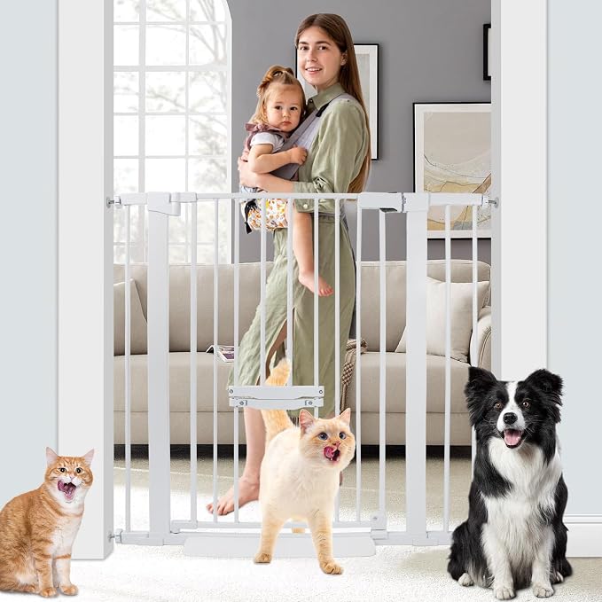 SHYUJAJIE 37 Inch Tall Baby Gate with Small Cat Door | Adjustable 29.55"-40.55 "Wide,Auto Close Dog Gate Easy Walk Thru Pet Gate for Stairs, Doorway, House, Pressure Mounted