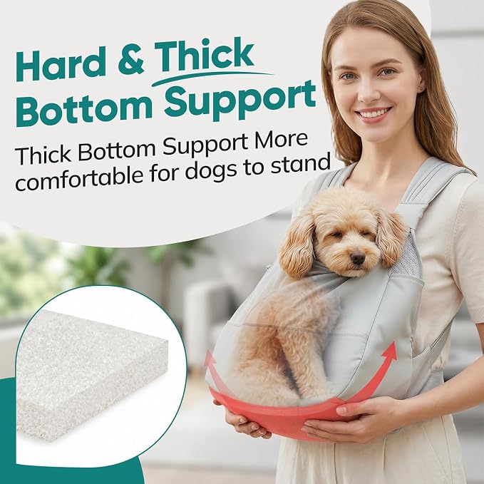 Dog Sling Carrier Front with Thicken Bottom Support for Small Dogs 5-12 lb | Adjustable, Hands Free, Comfortable Wearable, Lightweight, Vet Visits, Anxiety, Travel, Hiking, Safety Clip Grey