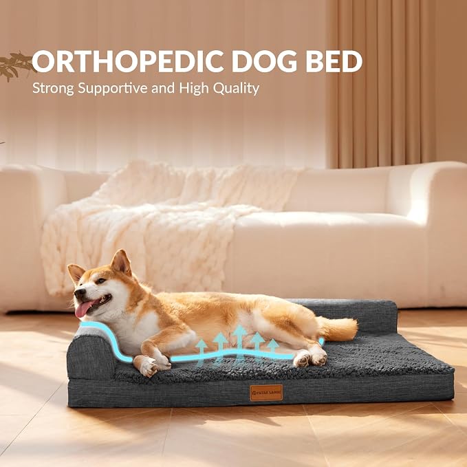 Patas Lague Orthopedic Large Dog Bed Pet Sofa Beds 48''X30''Dark Grey | L Bolster Egg-Crate Foam Dog Couch For Large Sized Dogs, Waterproof Removable Washable Cover, Pet Mat with Nonskid Bottom
