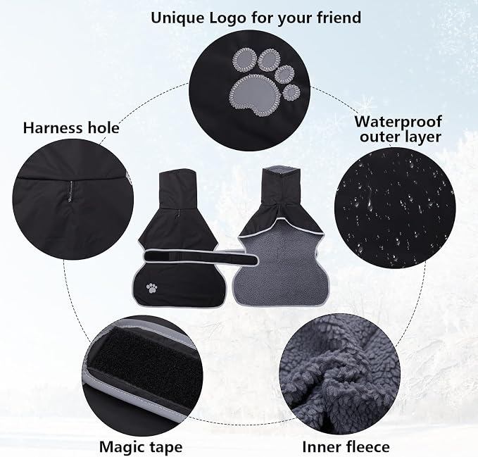 Geyecete Dog Winter Coat Geyecete Greyhound Raincoat Fabric with Lamb Velvet Inside Outdoor Dog Apparel with Adjustable Bands for Medium, Large Dog-Black-XS