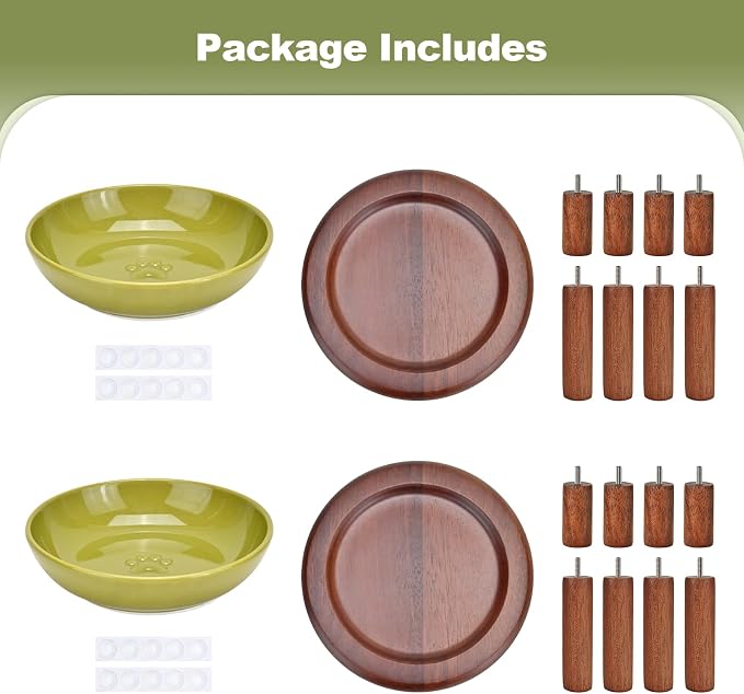 SPUNKYJUNKY Extra Wide Elevated Ceramic Cat Bowl with Acacia Wood Stand Whisker Friendly (Cat Paw Pattern, 2 Pack, Green)