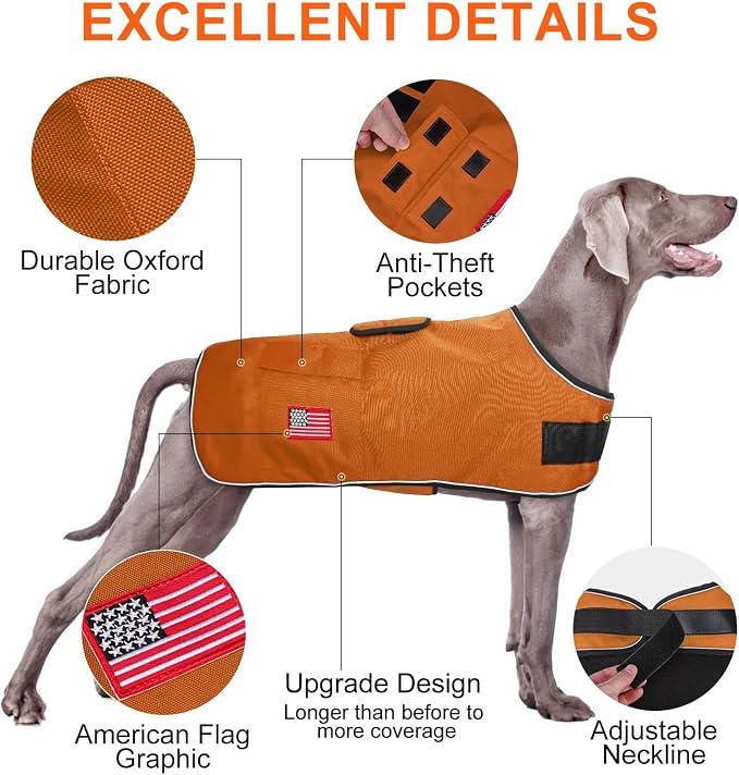 BEAUTYZOO Dog Winter Coat for X-Large Dogs Waterproof, Warm Reflective Great Dane Oxford Canvas Jacket, Fleece Dog Cold Weather Coats Windproof for Female Male Dogs, Orange XL