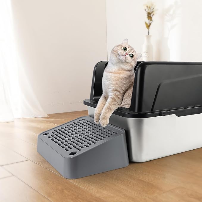 Litter Box Step, Cat Ramp Step Catcher with Filter Function, Grey | Litter Box Ramp for Kittens & Old Cats, Washable, Anti-Tracking, Non-Slip Litter Catcher, Easy to Clean