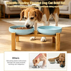 Shallow Elevated Cat Bowls with Bamboo Stand, 6.1 Inch Wide Ceramic Cat Dish Whisker Friendly, 2 Pack Pet Food and Water Plates
