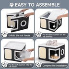 Shikha Cat House Bed for Indoor Cats with Fluffy Ball and Scratch Pad Black | Foldable Large Cat Cave Hideaway with Cozy Condo, Hide and Seek Window, Holds Up to 30LBS, All Season Reversible Cushion