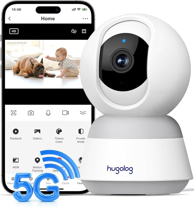 Hugolog 3K 5MP Indoor Pan/Tilt Security Camera with Auto-Focus,2.4 GHZ/5 GHZ,Ideal for Baby Monitor/Pet Camera,Starlight Color Night Vision,Human/Pet AI,Noise Reduction,US Cloud,Works with Alexa