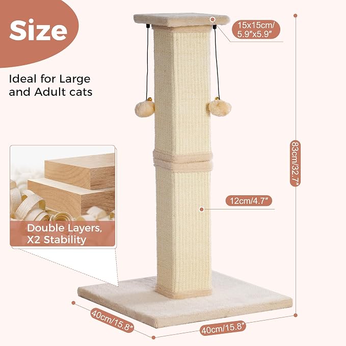 Tall Cat Scratching Post 33” Heavy Duty Sisal Scratcher Post | Modern Cat Scratching Post with Heavy Duty Base for Sturdy, Large 33" Vertical Sisal Rope Post & 2 Cat Toy Balls for Cats