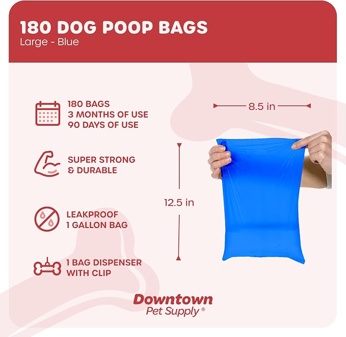 Downtown Pet Supply Poop Bags for Dogs with Dispenser, 180 Count - Leak-Proof Dog Waste Bags and Bone-Shaped Dog Poop Bags Holder for Leash - Blue, 12.5" x 8.5"
