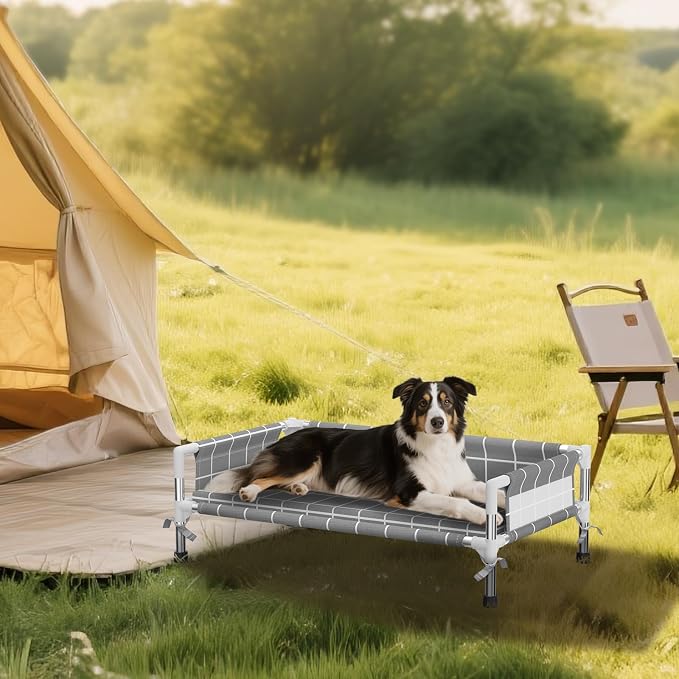 Elevated Dog Bed with Cushion and Three-Sided Fence for Small Medium Dogs | 3-sided safety Guardrail and soft cotton fabric. Anti-slip feet for stable indoor relaxation and outdoor activities
