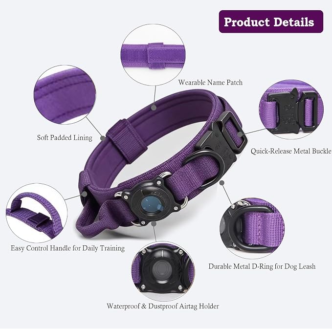 AirTag Dog Collar for Large Dogs Tactical Dog Collar with AirTag Holder | Upgrade Waterproof,Control Handle,Quick-Release Metal Buckle,1000D Nylon Fabric,Soft-Padded Webbing,Velcro Patch(Purple,XXL)