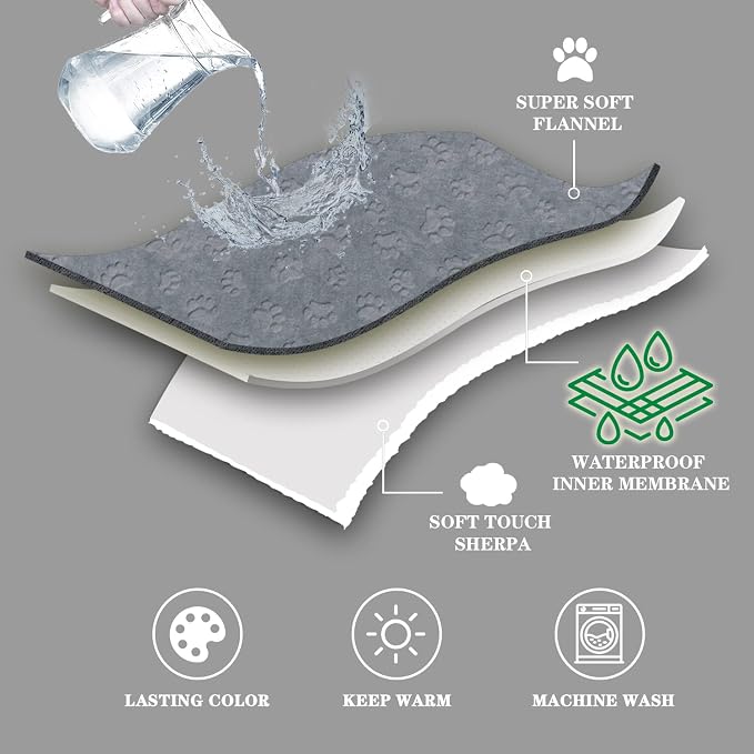 Pet Blankets for Cats - Waterproof Cat Blanket Washable - Sherpa Fleece Puppy Blanket, Soft Plush Reversible Throw Protector for Bed Couch Car Sofa, 25"X30", Grey