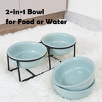 Ceramic Elevated Dog Bowl Set - Double Dog Food and Water Bowls with Metal Stand - Raised Pet Dishes for Puppies and Cats - 2 Cups - 12.5 fl oz - Green