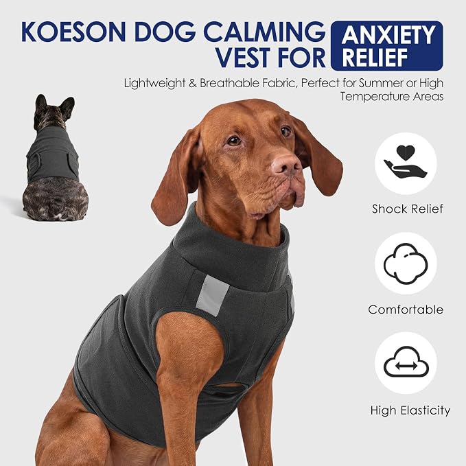 KOESON Reflective Dog Anxiety Vest, Adjustable & Breathable Thunder Jacket for Dogs, Lightweight & Soft Calming Vest for Dogs, Stress Relief Dog Compression Shirt for Thunder, Fireworks, Separation