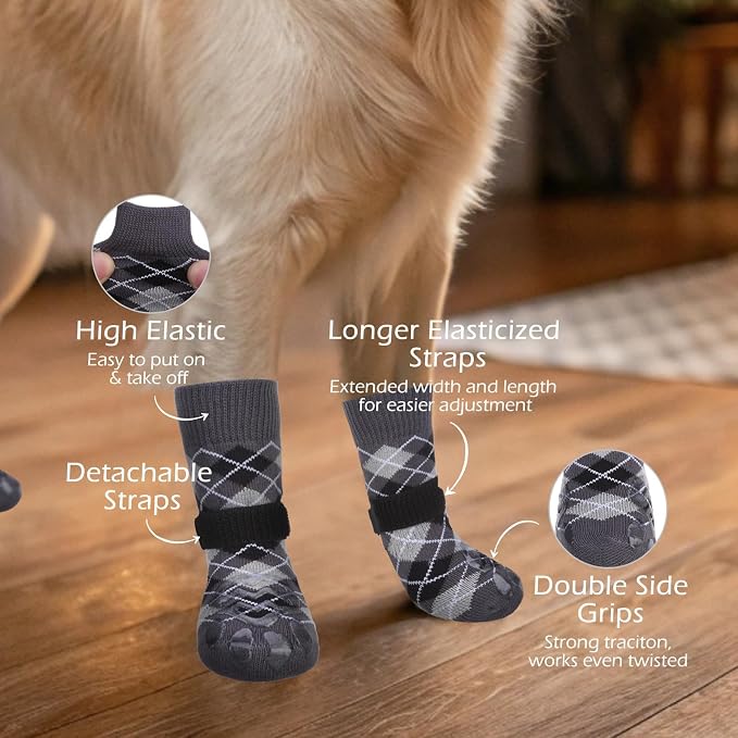 EXPAWLORER Dog Socks to Prevent Licking Paws,Anti Slip Dog Shoes for Hot Pavement,Dog Booties for Hardwood Floors,Dogs Boots & Paw Protectors for Small Medium Large Senior Dogs,British Style,Black XS