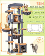 Taoqimiao 72 in Cat Tree, XXL Cat Tower for Indoor Cats Large Adult 25Lbs+ | Extra-Large Platform, 2 Cat Houses, 7 Scratching Post, Extra-Sized Durable Hammock, Cozy Basket, Smoky Gray, F20G